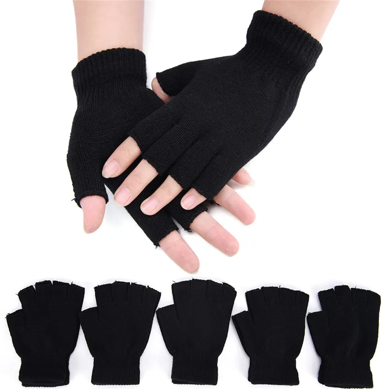 Fashion Men Black Knitted Stretch Elastic Warm Half Finger Fingerless Gloves Winter | Спорт и развлечения
