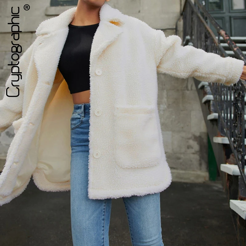 

Cryptographic Fashion Faux Lambwool Coats Turn-down Collar Two Pockets Long Sleeve Women Jackets with Fur Fleece Outwears Shaggy