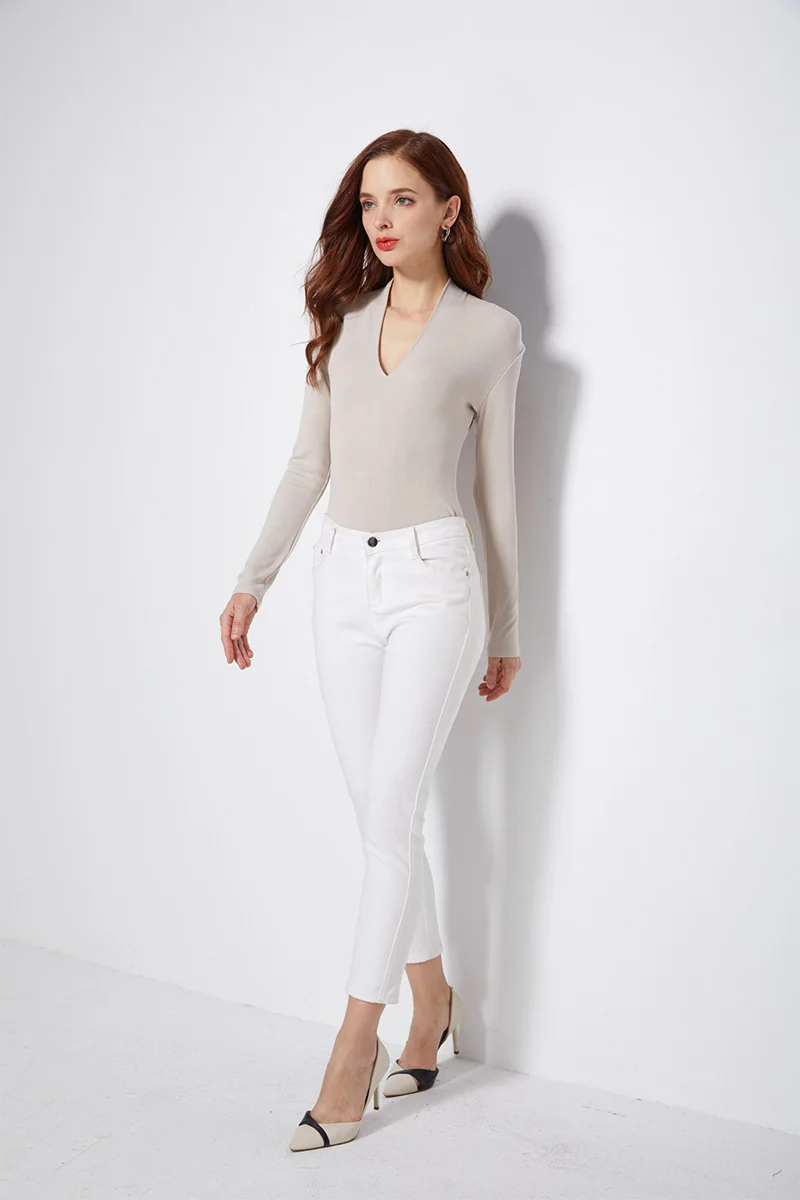 BRADELY MICHELLE Spring Autumn Casual Women Slim Long Sleeve V-neck Tops Cotton knitted Bodysuits With Hidden Button Jumpsuis corset bodysuit