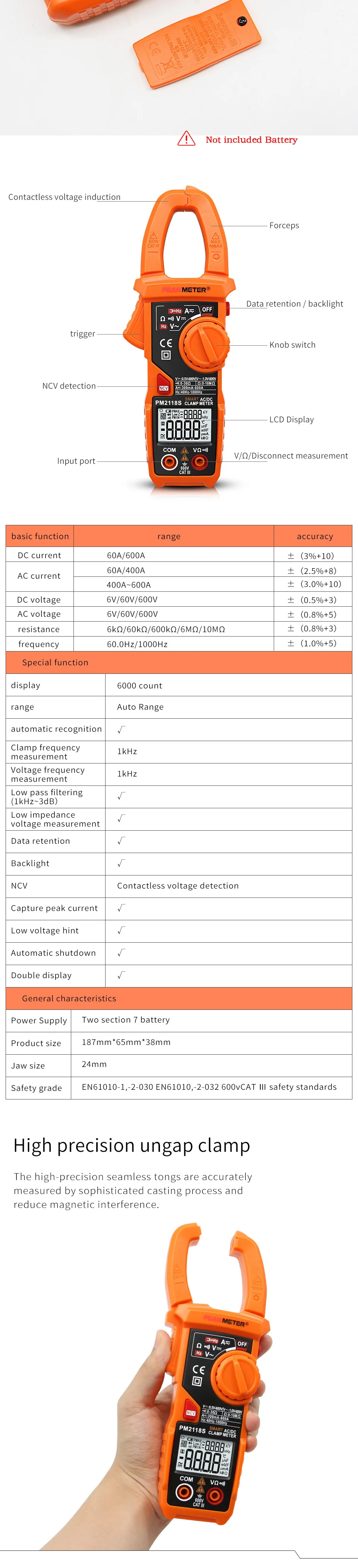 PM2118S Портативный Смарт Цифровой клещи AC/DC мультиметр переменного тока Сопротивление напряжения непрерывности тестер с NVC