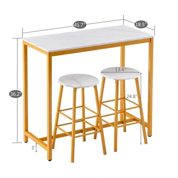 

Luxurious Desk Chair Set [107 x 47 x 92]cm PVC Marble Simple Bar Table Round Bar Stool Golden Paint (1Table and 2 Stools) White