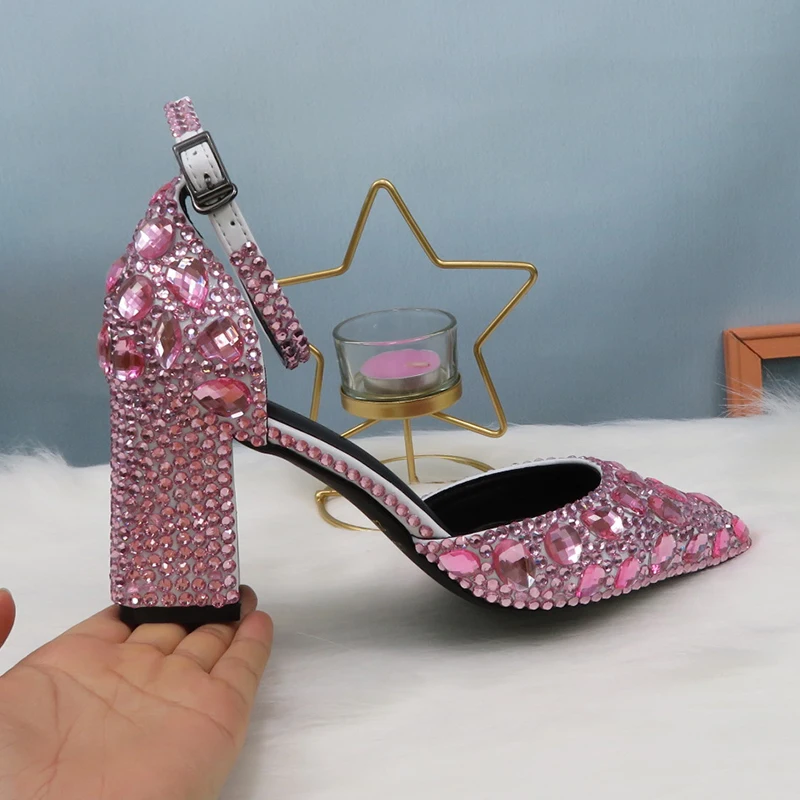 Baby Pink Crystal Summer Sandals ankle strap Fashion wedding shoes
