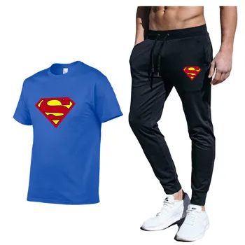 

Superman/captain America / t shirt men fitness t shirts + pants two pieces sets casual tracksuit new print suits fitness shi