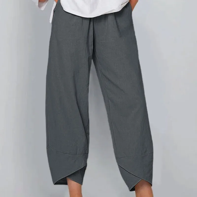 Vintage Summer Linen Pants Women Casual Harem Pants Floral Printed Elastic Waist Wide Leg Pants Female Loose Trousers Plus Size 2