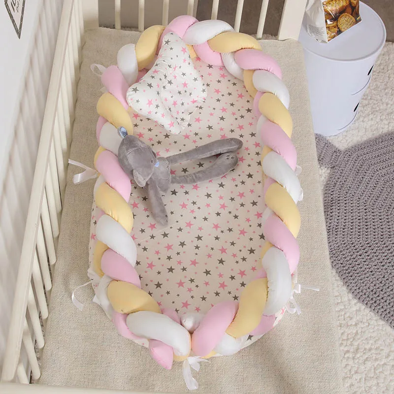 Portable Baby Knit Crib with Pillow Newborn Sleeping Nest Playen Bed Travel Bassinet Bumper Removable And Washable 0-24months