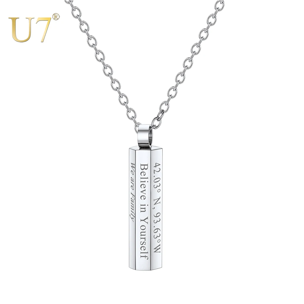 U7 Custom Engraving Bar Cylinder Necklace Stainless Steel Cube Bar Pendant Custom Name Date Personalized Jewelry ice roller face globes for facials wiper unbreakable steel cooling cryo sticks realistic cube massager for neck