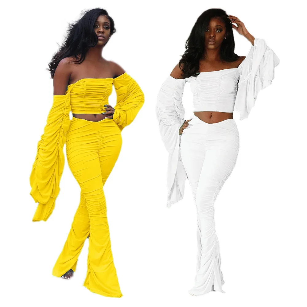 

Off Shoulder Women Solid Sexy Street 2 Piece Set Bell Bottom Sleeve Crtop Tops Club Party Matching Set Stracked Flare Pants Suit