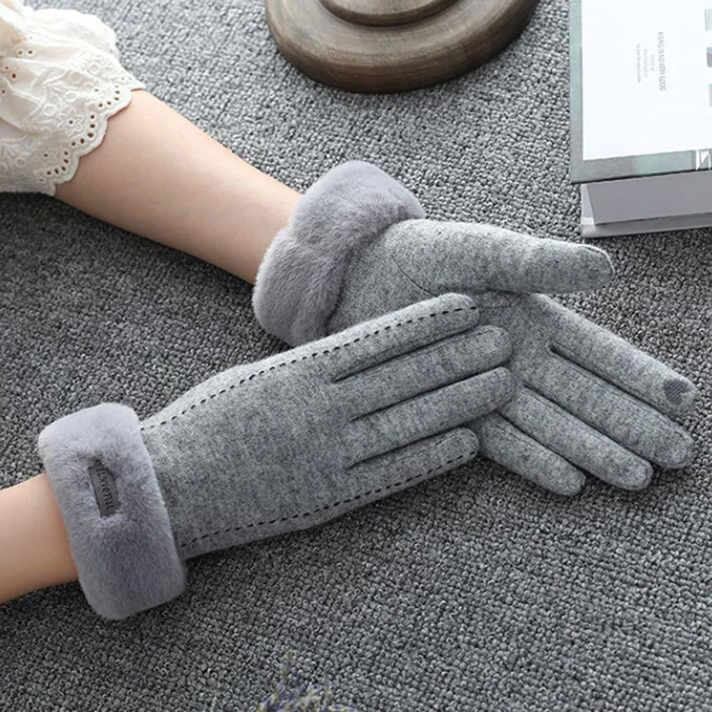 

Women Cashmere Wool Plus Velvet Thick Touch Screen Driving Gloves Winter Outdoor Riding Rabbit Fur Full Finger Warm Mittens S30