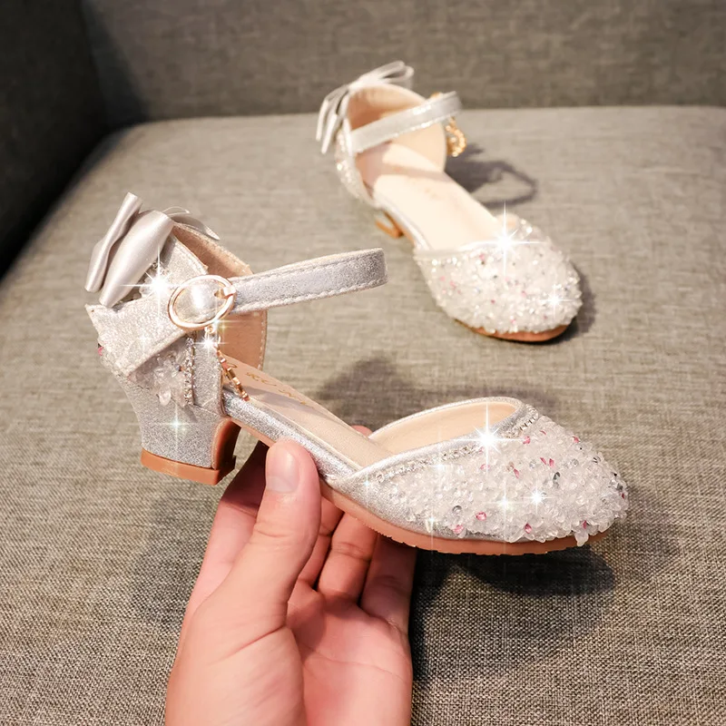 

Girls Sandals 2021 Spring Children's Shoes Crystal Princess Shoes Soft Bottom Big Children Silver Performance High-heeled Shoes