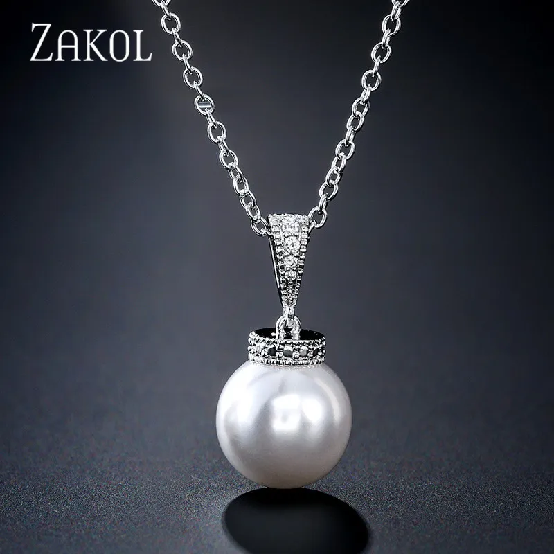 

ZAKOL Fashion Zirconia Crystal Pendant Necklace for Elegant Women Round Simulated Pearl Wedding Jewelry Wholesale FSNP2058