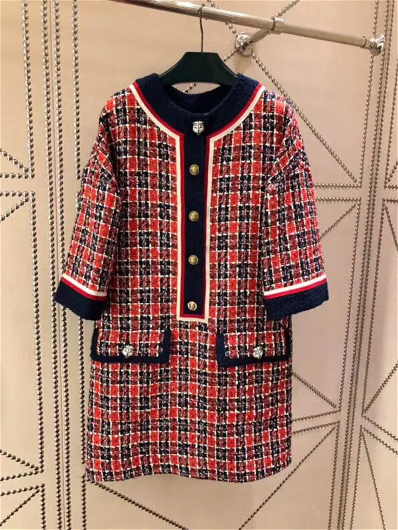 

2019 Runway Vintage Red Plaid Women Tweed Dress Autumn Winter Half Sleeve Gold Buttons Lady Party Dresses Vestidos Clothes