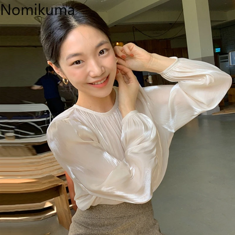 plus size blouses Nomikuma Korean Pleated O-neck Blouse Causal Solid Long Sleeve Pullover Tops 2020 New Autumn Women Blusas Shirt 6D479 ladies white shirt