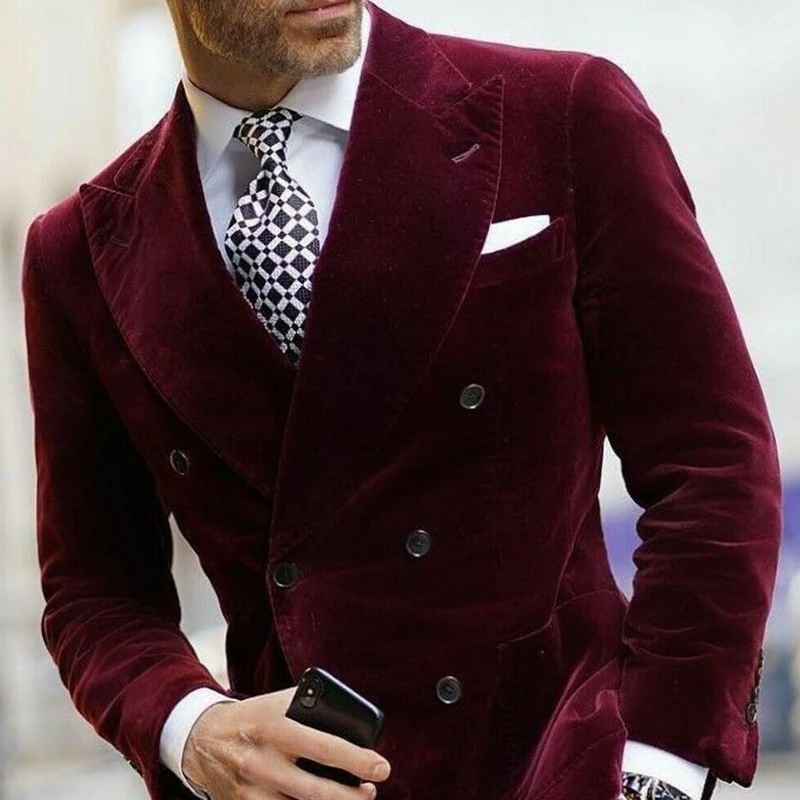 Burgundy Velvet Double Breasted Men's Suit Tuxedos 2 Pieces Houndstooth Pant New