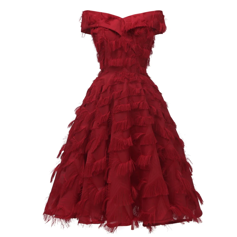 Бургундия Tonval Vintage Burgundy Off Shoulder Wrap Elegant Fringe Sexy Dress Women Party Fit and Flare Classy Christmas Ladies Dresses - Цвет: Бургундия