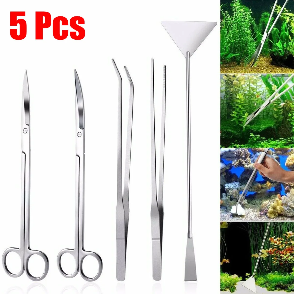 5pcs 3/5 шт аквариумных резервуарах набор инструментов для аквариума водные растения длинные Пинцет Ножницы Нержавеющая сталь обслуживания набор инструментов - Цвет: 5pcs