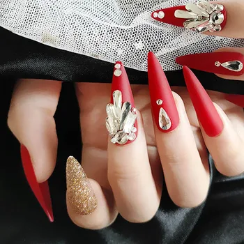 

24pcs/box stiletto nail tips with design exceed long paragraph Sharp point Wine red Flash powder Diamond inlay False nails TY