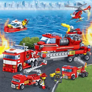

348pcs Fire Fighting 4in1 Trucks Car Helicopter Boat Building Blocks City Firefighter Figures Man Bricks Children Toys
