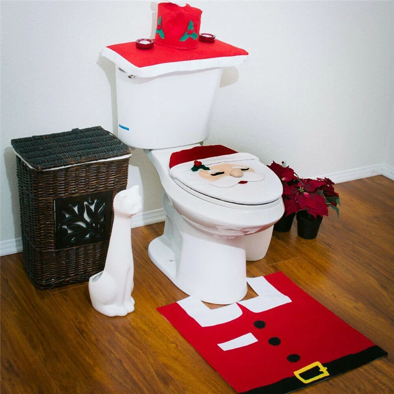 3PCS//Set Christmas Xmas Decoration Santa Toilet Seat /& Cover /& Rug Bathroom Mat