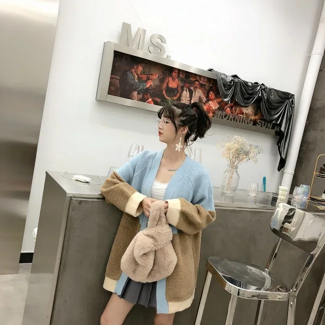 Neploe Pull Jumpers Осень Зима Женский вязаный кардиган контрастный цвет свитер пальто v-образный вырез негабаритная трикотажная куртка 54702