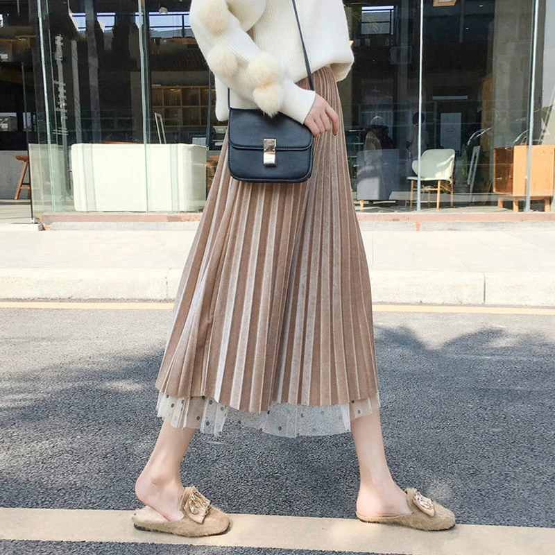 Плиссированная юбка в горошек бархатная Высокая талия женские длинные юбки макси юбка женские юбки мода школьная юбка