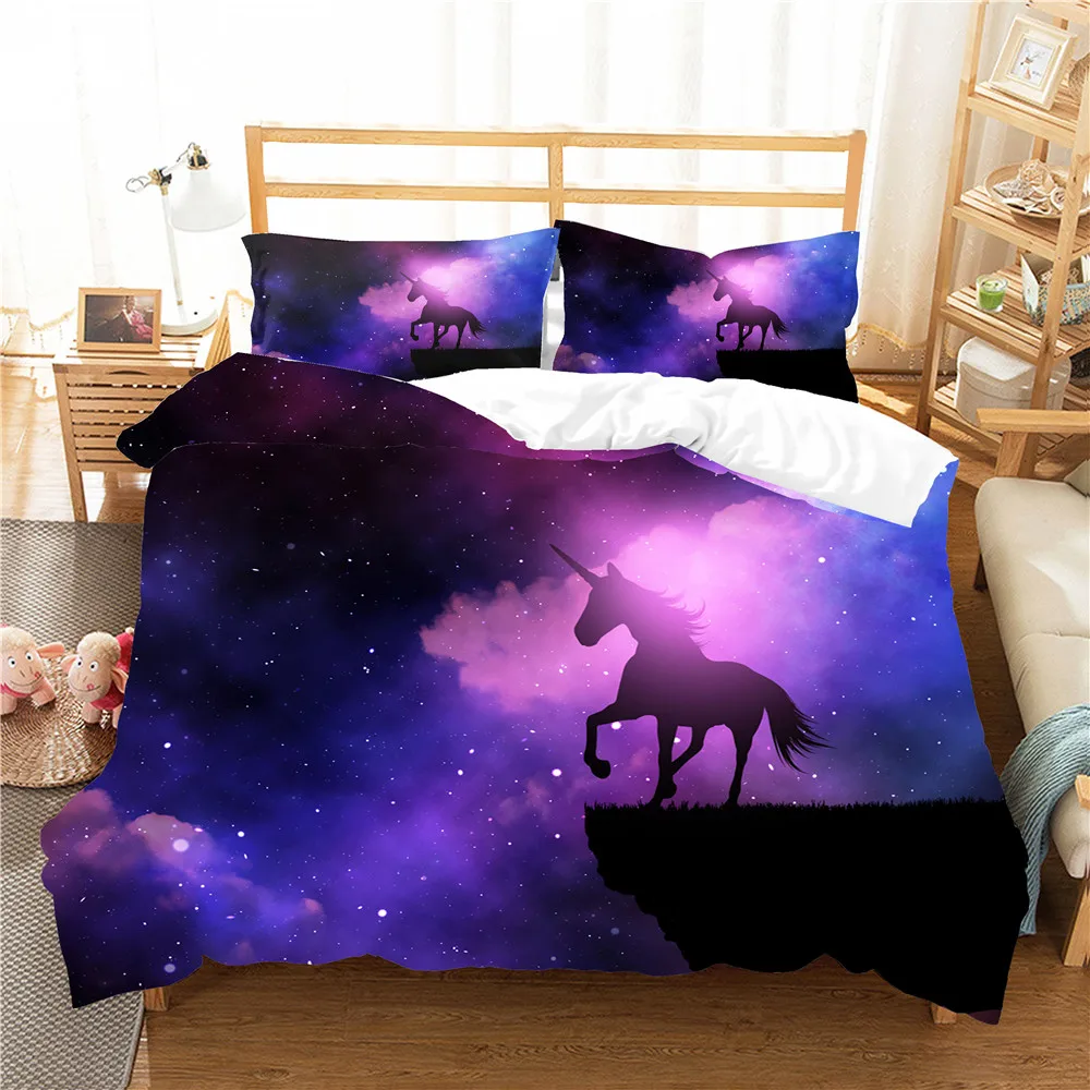

Home Textile Bedding Coverlet Unicorn Pattern Duvet Cover Set Purple Night Printed Bed Linens with Pillowcases King Double Size