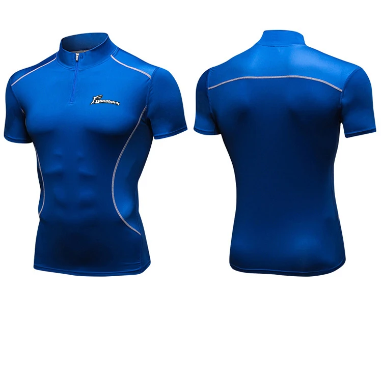 Мужская спортивная рубашка на молнии с высоким воротником для бега компрессионная эластичная спортивная одежда фитнес-Тренажерный зал рубашка с коротким рукавом тренировочный топ