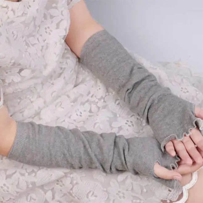 Women's long Gloves Arm warm Mangas Autumn Winter Overlength Sleeve Lotus Leaf Gloves Stretch Knit Mittens Touch Screen Gloves