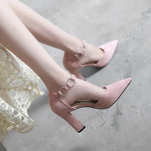 

Korean-style Straight-line Buckle Pointed Toe Chunky Heel Suede Single Shoes Hipster Pink Bridesmaid Shoes Low-Cut High Heel Sho
