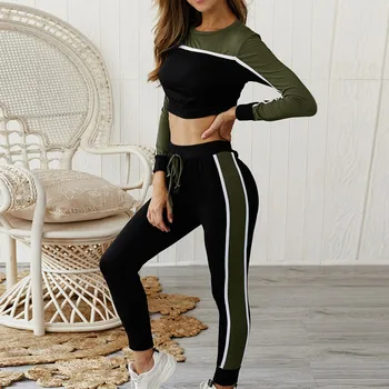 

Two-Piece Sets Autumn Women Sets Loose Simple Stitching Color Round Neck Long Sleeves Tee Tops + Slim Long Pants