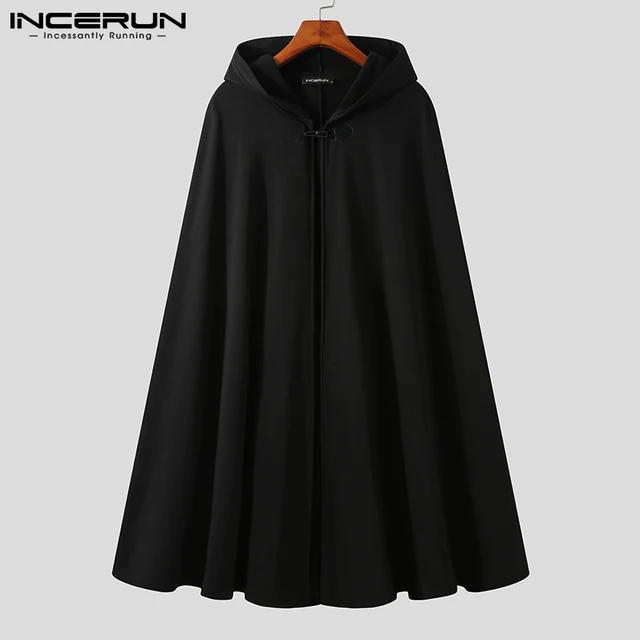 New Men's Fashion Korean Style Single-breasted Cloak Coat Solid Color Autumn Winter Cape Hooded Poncho Coat S-5XL INCERUN 2021 Black