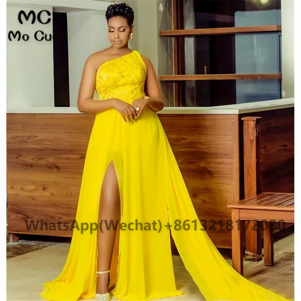 2021 Yellow One Shoulder Prom Dresses 