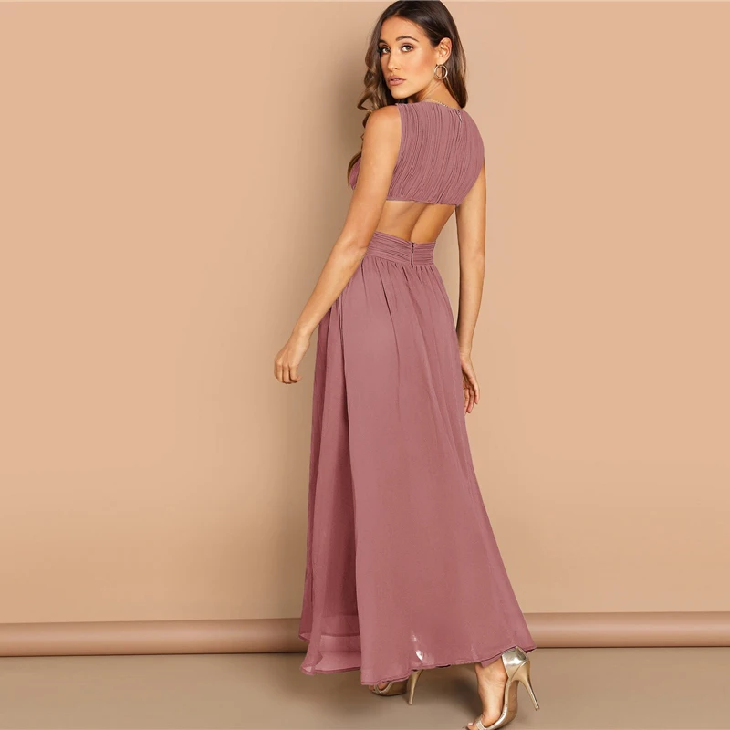 SHEIN Однотонное Платье С Глубоким V-Образным Вырезом Женское Голубое Элегантное Платье Без Рукавов С Открытой Спиной