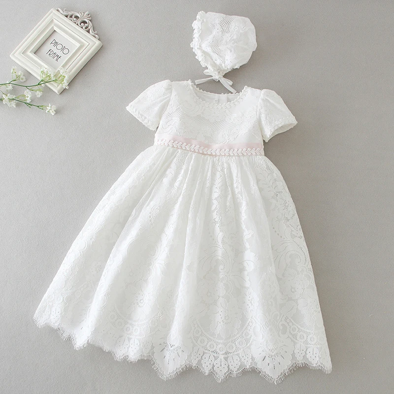 

Newborn Baptism Dress Long Baby Girl Christening Robe with Bonnet Hat Children Clothes Baby Occasion Dress Christening Gown