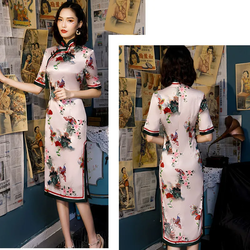 Sheng Coco розовое китайское шелковое платье длиной до колен китайское Cheongsam Qipao Женские Классические Вечерние Короткие платья восточное платье