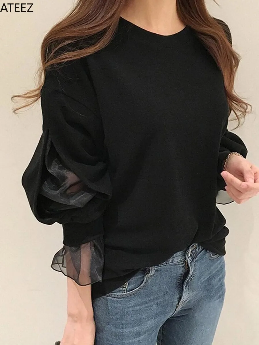 

2019 New Autumn Winter Shirts Casual Loose Long Sleeve Patchwork Black Pullover Women Sweatshirt Thick Chic Korean Style