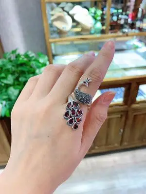 Ретро женское Настоящее тайское серебро павлин красный зеленый горный хрусталь кольца «Павлин» ювелирные изделия в индийском стиле для женские обручальные кольца
