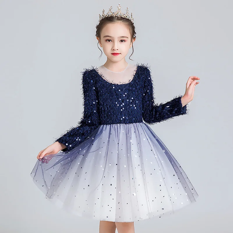 Новинка года; зимнее платье с длинными рукавами пышные Детские платья для девочек; Одежда для девочек праздничное платье-пачка элегантное платье принцессы со звездами