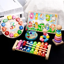 Enfants petite enfance éducation sagesse en bois huit tons piano arc-en-ciel tour fil réveil forme ensemble colonne jouet(China)