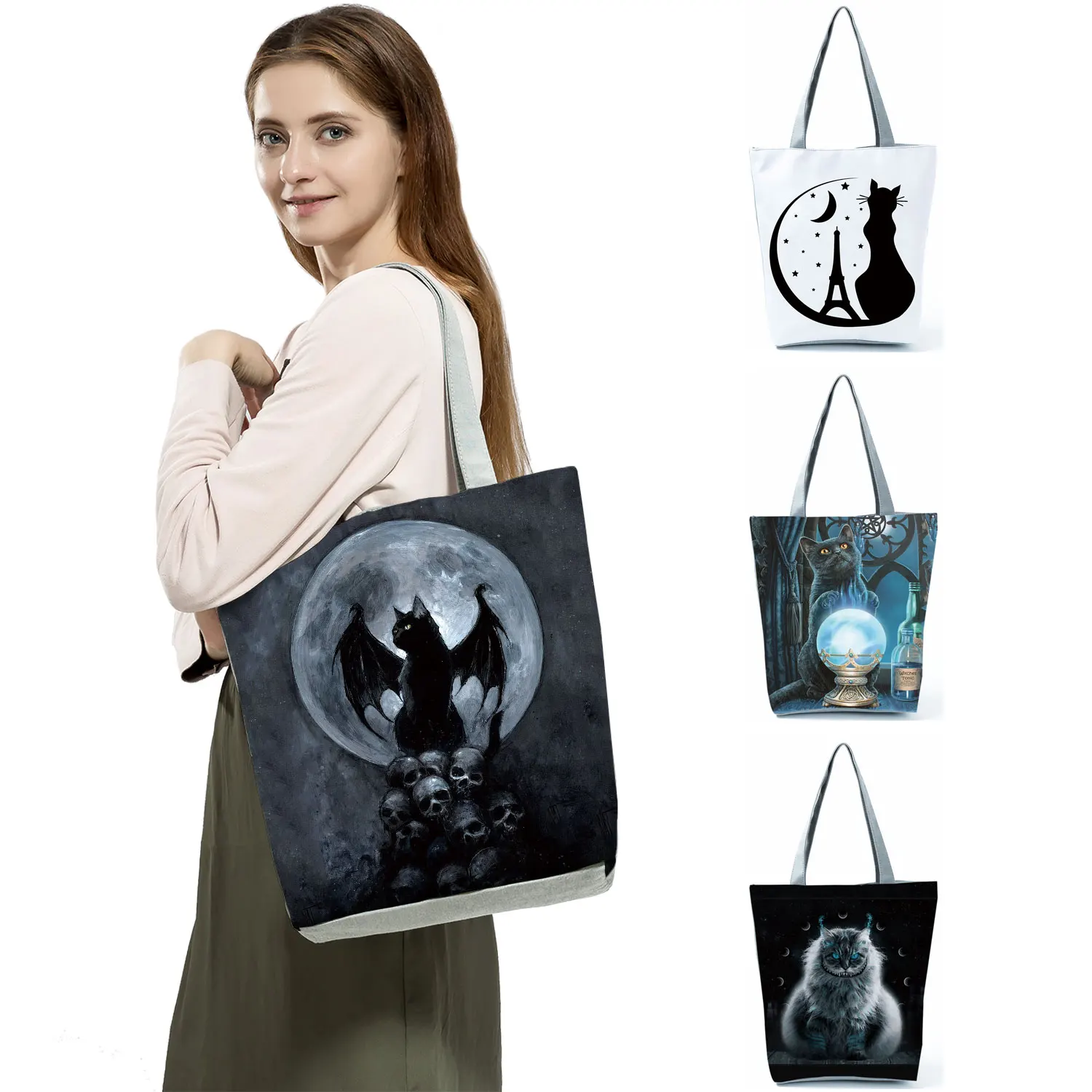 New for 2022 Reusable Handbag Shopping Bags High Capacity Travel Shoulder Bag Moon Cat Print Cool Tote Fashion Ladies Portable