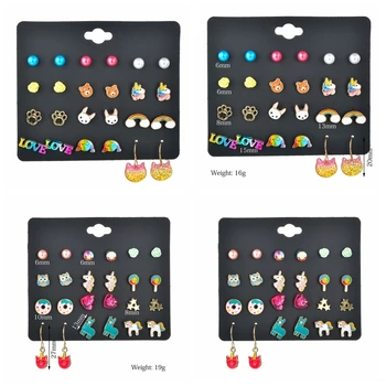 

MissCyCy Korean Fashion 12 Pairs/Set Enamel Rainbow Unicorn Shape Stud Earrings For Women Girls Party Daily Kid Earring Jewelry