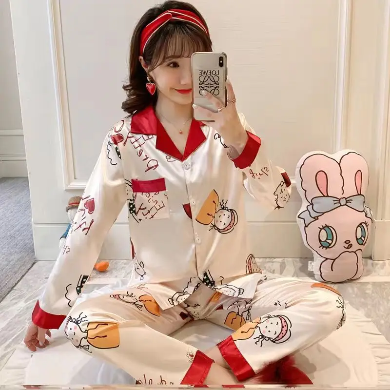 

2020 Band Satin Polyester Pajamas For Women's Set Pyjamas Button Pjs Winter Mujer Pijama Sleepwear Nightwear 2Pcs