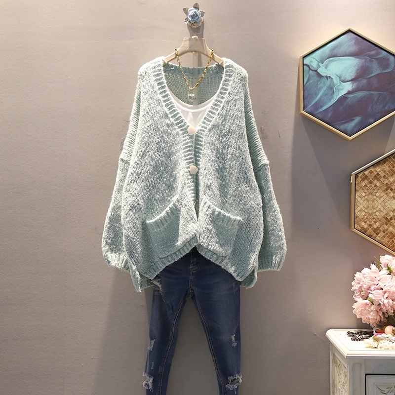 

[EWQ] 2019 Autumn Winter New Pattern V-collar Long Sleeve Solid Knitting Single Breasted Pockets Casaul Sweater Women AH57205
