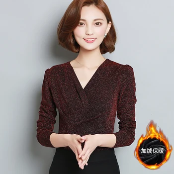 

9181A Brushed And Thick V-neck Base Shirt Women Long Sleeve 2018 Winter New Style Tops Large Size Versatile