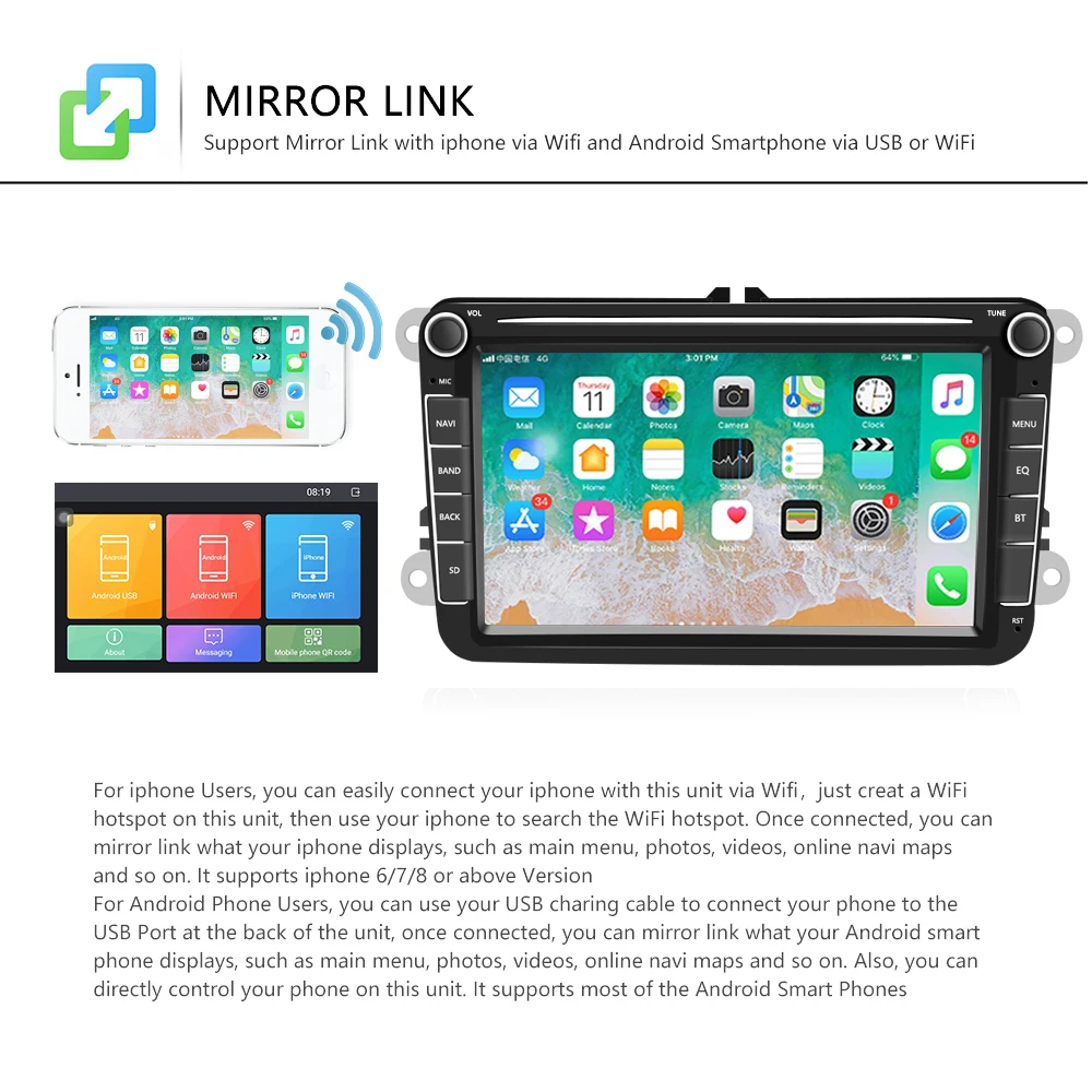  Podofo 2 Din 8 ''Android 8.1 Autoradio Multimedia MP5 Lettore Audio per Volkswagen Auto Lettore Gps