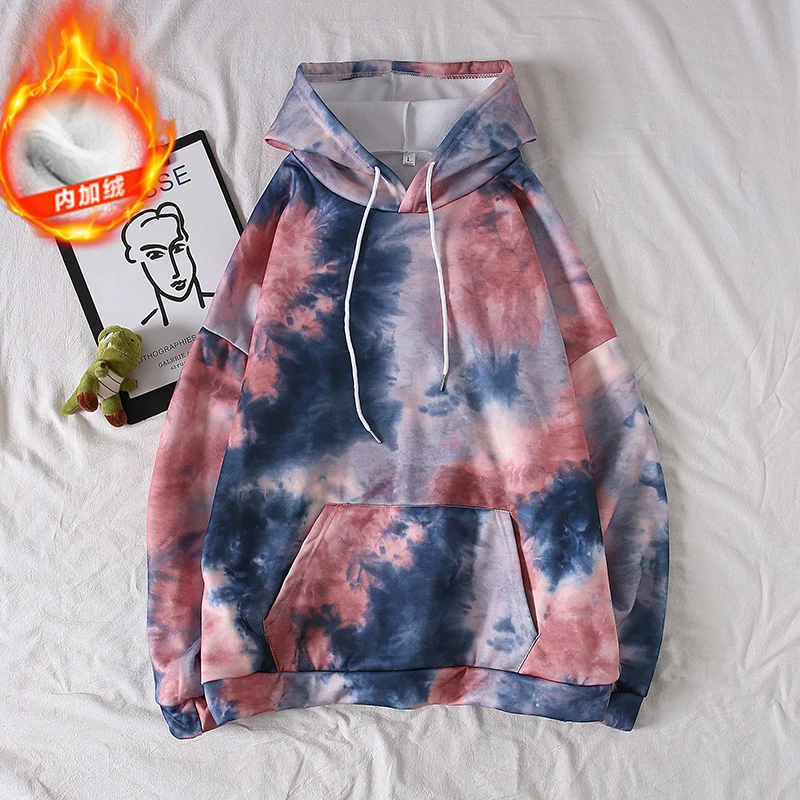 Hip Hop Hoodies Men Fashion Tie Dyed Casual Plus Velvet Hooded Sweatshirt Man Streetwear Wild Loose