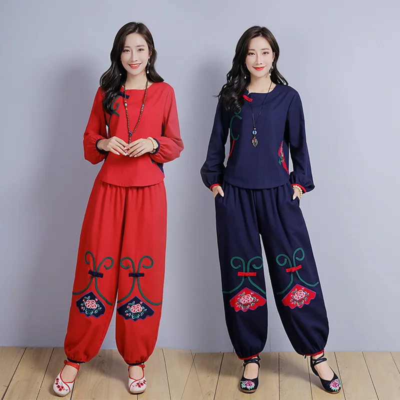 

2019 Photo Shoot Autumn National Wind Cotton Linen kou pan Loose-Fit Embroidery Long-sleeved Upper Garment + Embroidery Wide-Leg