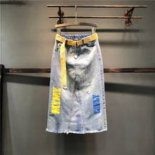 Summer New Fashion Personality Letter Denim Skirt Female Open Fork Package Hip One Step Long Jeans Skirt