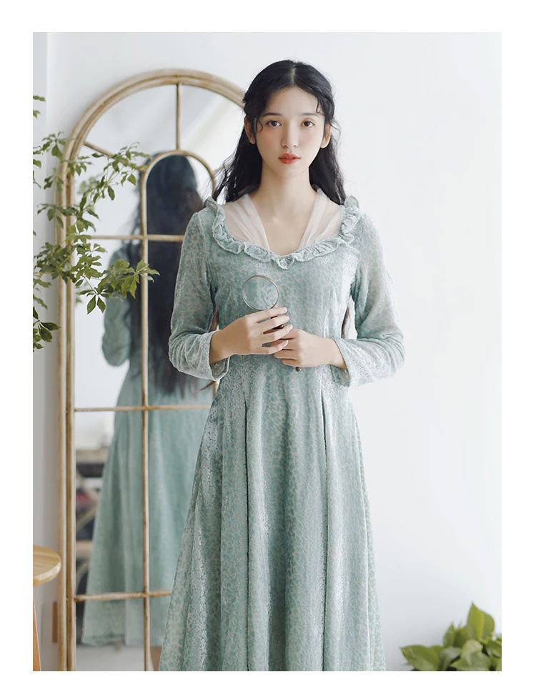 Original Design AIGYPTOS Women Winter Autumn Vintage Court Style Elegant SLim Long Sleeve Mesh V-Neck Green Long Velvet Dress