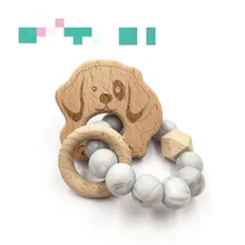 Деревянные круглые собачки Детские молярные Мультяшные животные деревянные кольца Детские молярные круглые силиконовые бусины индивидуальные оптом PN023
