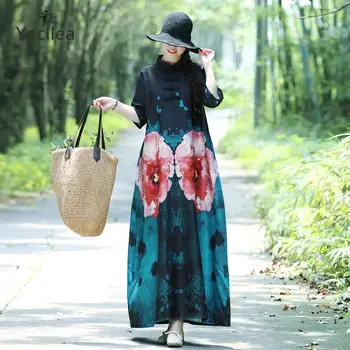 

Women Cotton and Linen Print Dress Autumn Mandarin Collar Loose Long dresses vintage large size Casual dress Robe